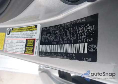 2020 Toyota Camry Se from USA, damaged, VIN 4T1G11AKXLU961845